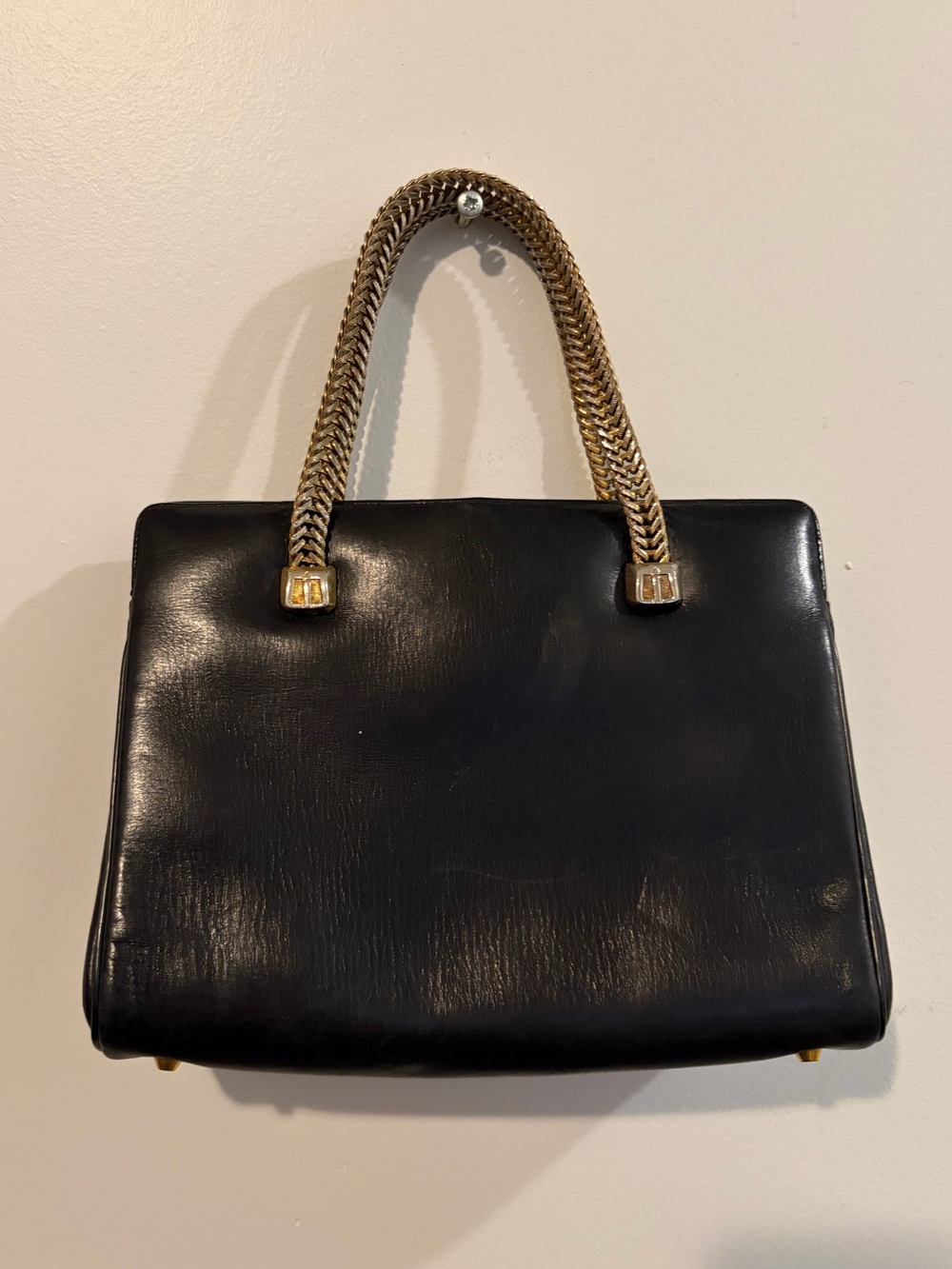 Vintage 1950-ish KORET Black CalfSkin Leather Small Purse Gold Chain Handles